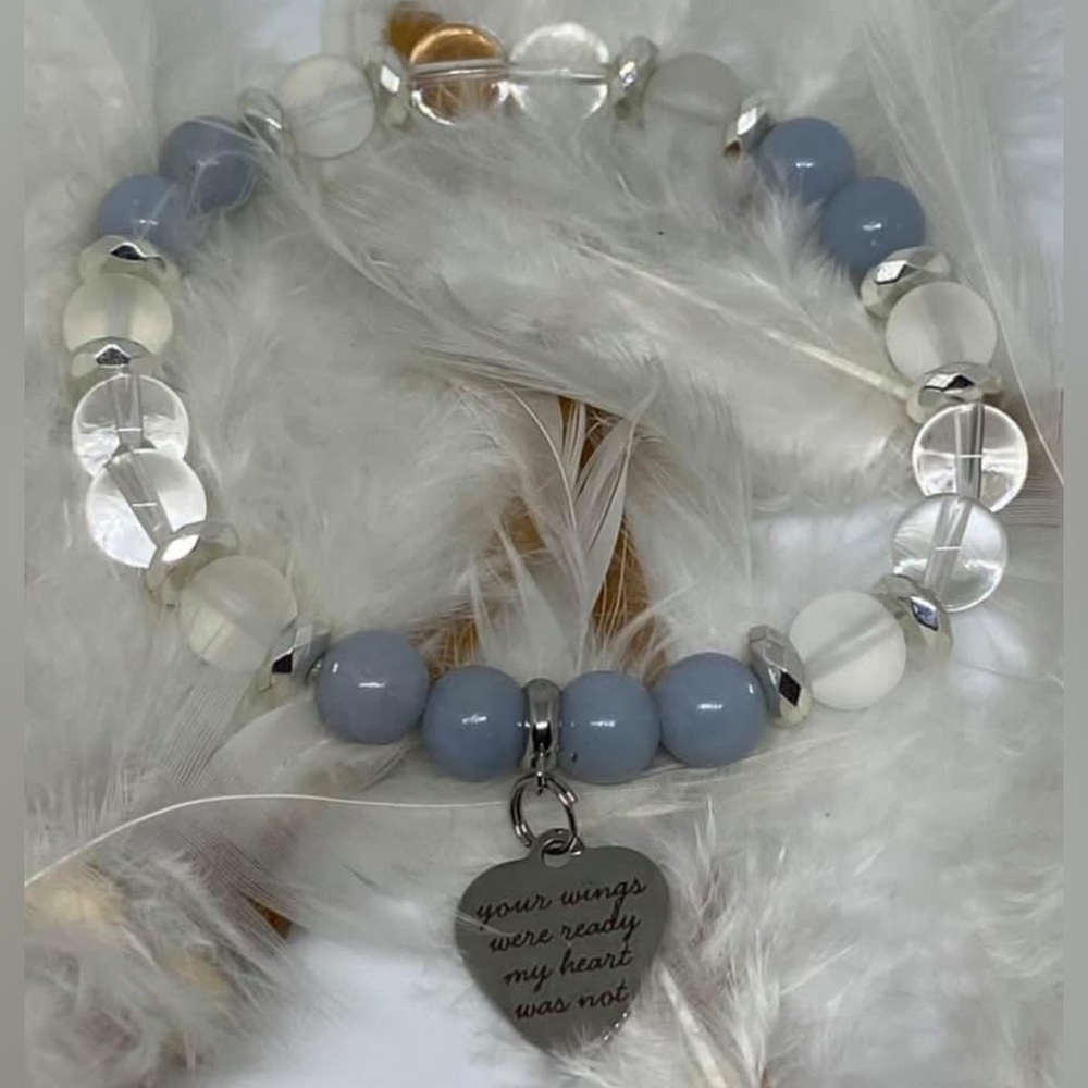 Angelite, Hematite, & Crystal Quartz Beaded Bracelet with Memorial Charm